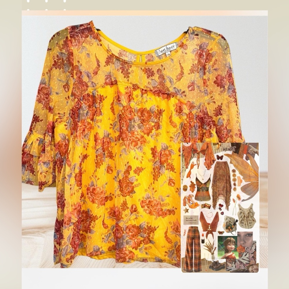 Fall fairy Yellow and Red sheer mesh layering Blouse ruffle short sleeves